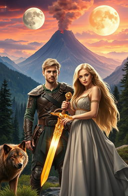 A cleanshaven 18-year-old adventurer and a beautiful blonde maiden stand together in a breathtaking medieval world filled with lush forests and towering mountains