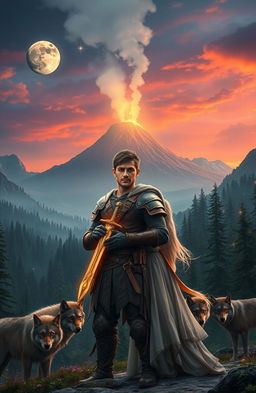 A cleanshaven 18-year-old adventurer and a beautiful blonde maiden stand together in a breathtaking medieval world filled with lush forests and towering mountains