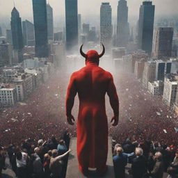 A massive crowd of diverse people bowed down in worship, directed towards the imposing figure of a symbolic devil against the backdrop of a cluttered cityscape. The overall tone is one of bewilderment and awe.