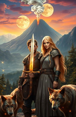 A cleanshaven 18-year-old adventurer and a beautiful blonde maiden stand together in a breathtaking medieval world filled with lush forests and towering mountains