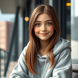A realistic teenage girl with long brown hair and brown eyes, wearing a cozy gray hoodie