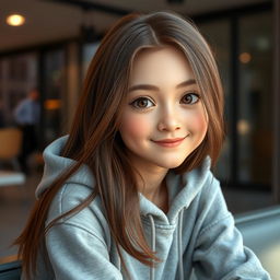 A realistic teenage girl with long brown hair and brown eyes, wearing a cozy gray hoodie