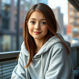 A realistic teenage girl with long brown hair and brown eyes, wearing a cozy gray hoodie
