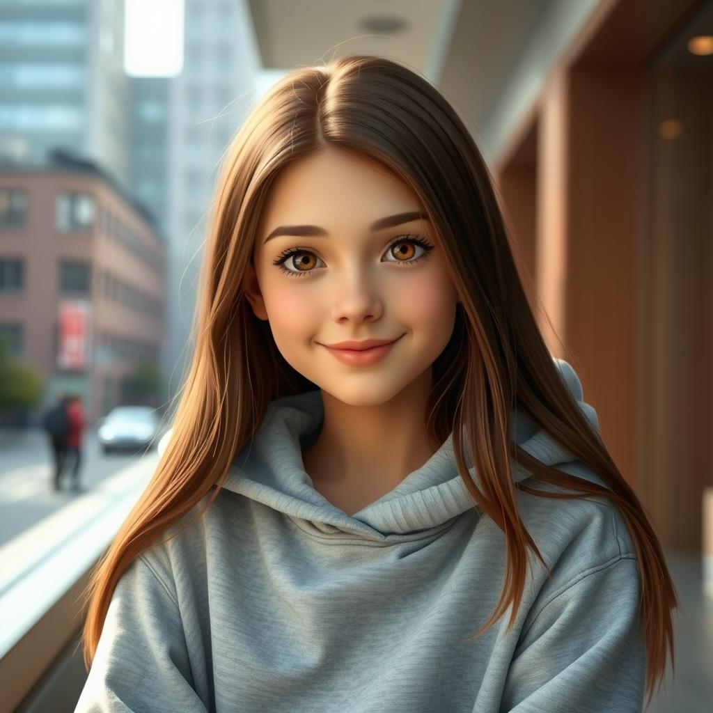 A realistic teenage girl with long brown hair and brown eyes, wearing a cozy gray hoodie