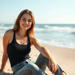A young 20-year-old European woman with a fresh, vibrant appearance is sitting gracefully on the beach