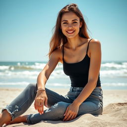 A young 20-year-old European woman with a fresh, vibrant appearance is sitting gracefully on the beach