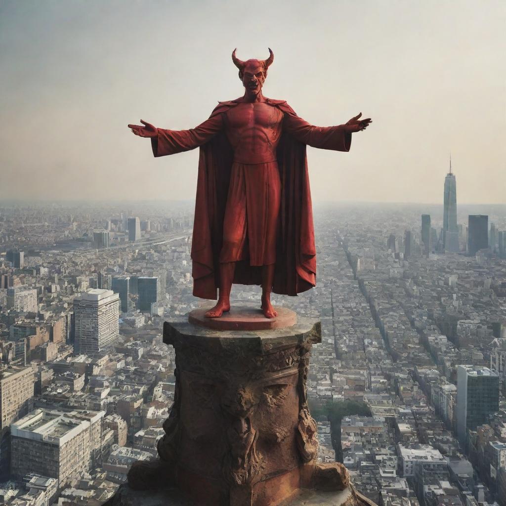 An image of the devil, depicted as a mythical character, radiating an aura of accomplishment and smug satisfaction. He stands on a high vantage point overlooking a sprawling city, with people shown in worship below.