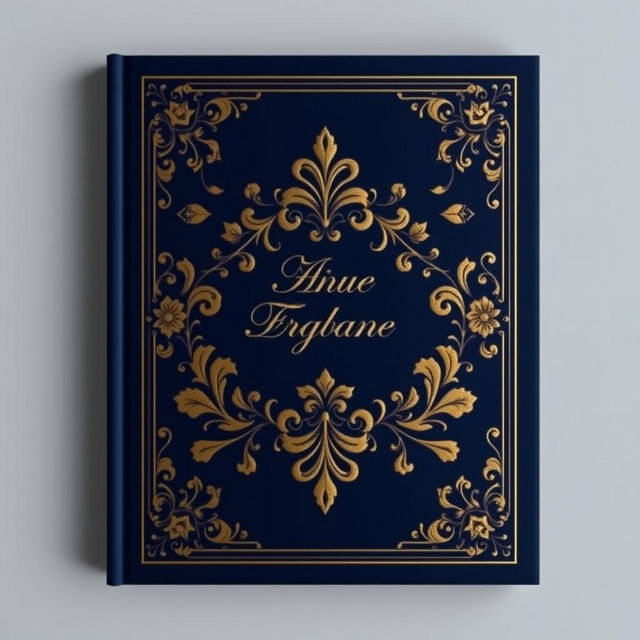 A sophisticated and elegant book cover design featuring an intricate floral pattern embossed in gold on a rich navy blue background