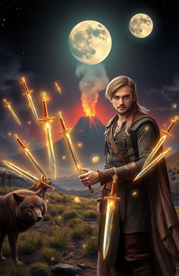A young adventurer without a beard, aged 18, wearing a rugged leather outfit and a determined expression, stands beside a beautiful blonde maiden, who is dressed in a flowing gown that glimmers in the light