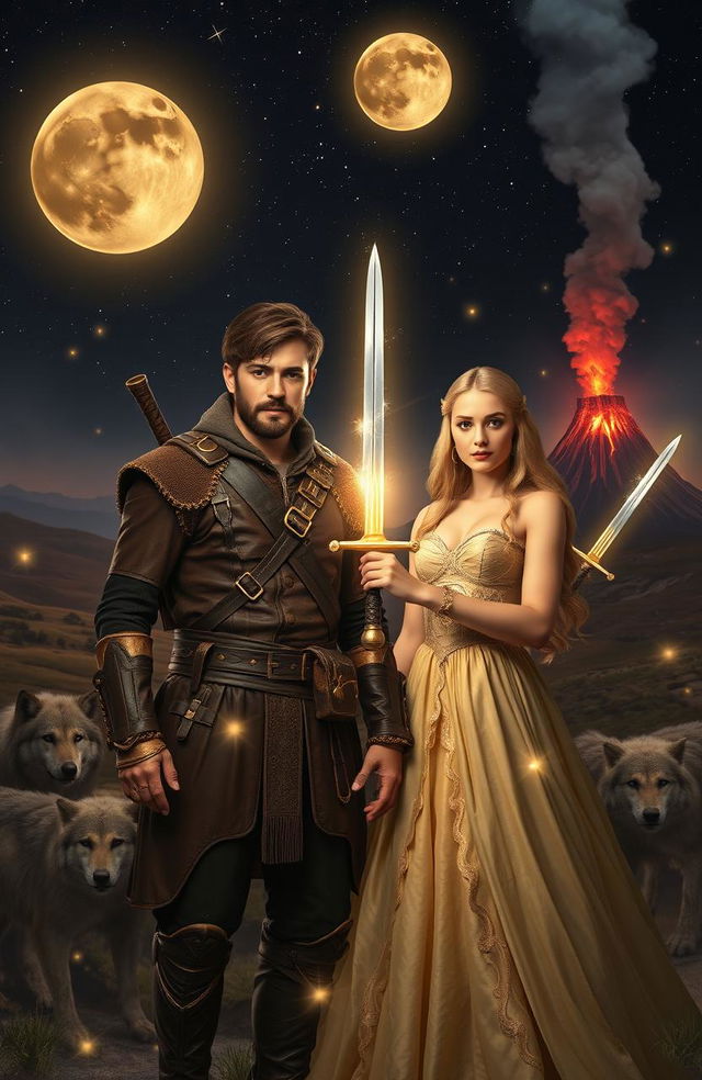 A young adventurer without a beard, aged 18, wearing a rugged leather outfit and a determined expression, stands beside a beautiful blonde maiden, who is dressed in a flowing gown that glimmers in the light