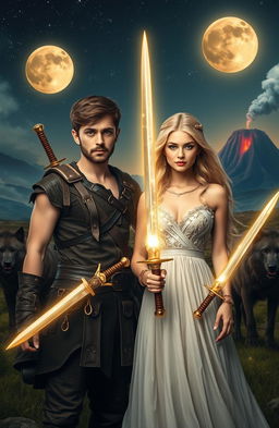 A young adventurer without a beard, aged 18, wearing a rugged leather outfit and a determined expression, stands beside a beautiful blonde maiden, who is dressed in a flowing gown that glimmers in the light