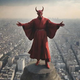 An image of the devil, depicted as a mythical character, radiating an aura of accomplishment and smug satisfaction. He stands on a high vantage point overlooking a sprawling city, with people shown in worship below.