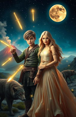 A young adventurer without a beard, aged 18, wearing a rugged leather outfit and a determined expression, stands beside a beautiful blonde maiden, who is dressed in a flowing gown that glimmers in the light
