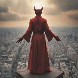 An image of the devil, depicted as a mythical character, radiating an aura of accomplishment and smug satisfaction. He stands on a high vantage point overlooking a sprawling city, with people shown in worship below.