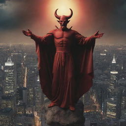 An image of the devil, depicted as a mythical character, radiating an aura of accomplishment and smug satisfaction. He stands on a high vantage point overlooking a sprawling city, with people shown in worship below.