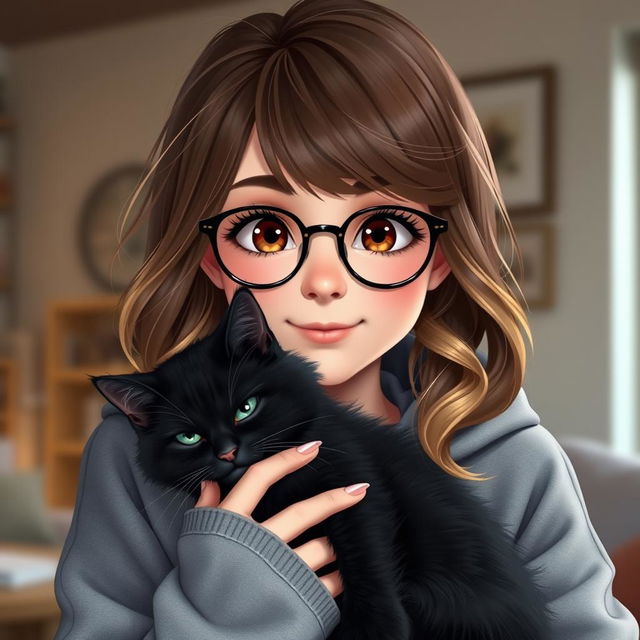 A realistic teenage girl with long, wavy brown and blonde hair and expressive brown eyes, wearing a cozy gray hoodie and stylish glasses