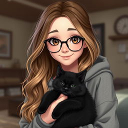A realistic teenage girl with long, wavy brown and blonde hair and expressive brown eyes, wearing a cozy gray hoodie and stylish glasses