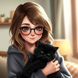 A realistic teenage girl with long, wavy brown and blonde hair and expressive brown eyes, wearing a cozy gray hoodie and stylish glasses