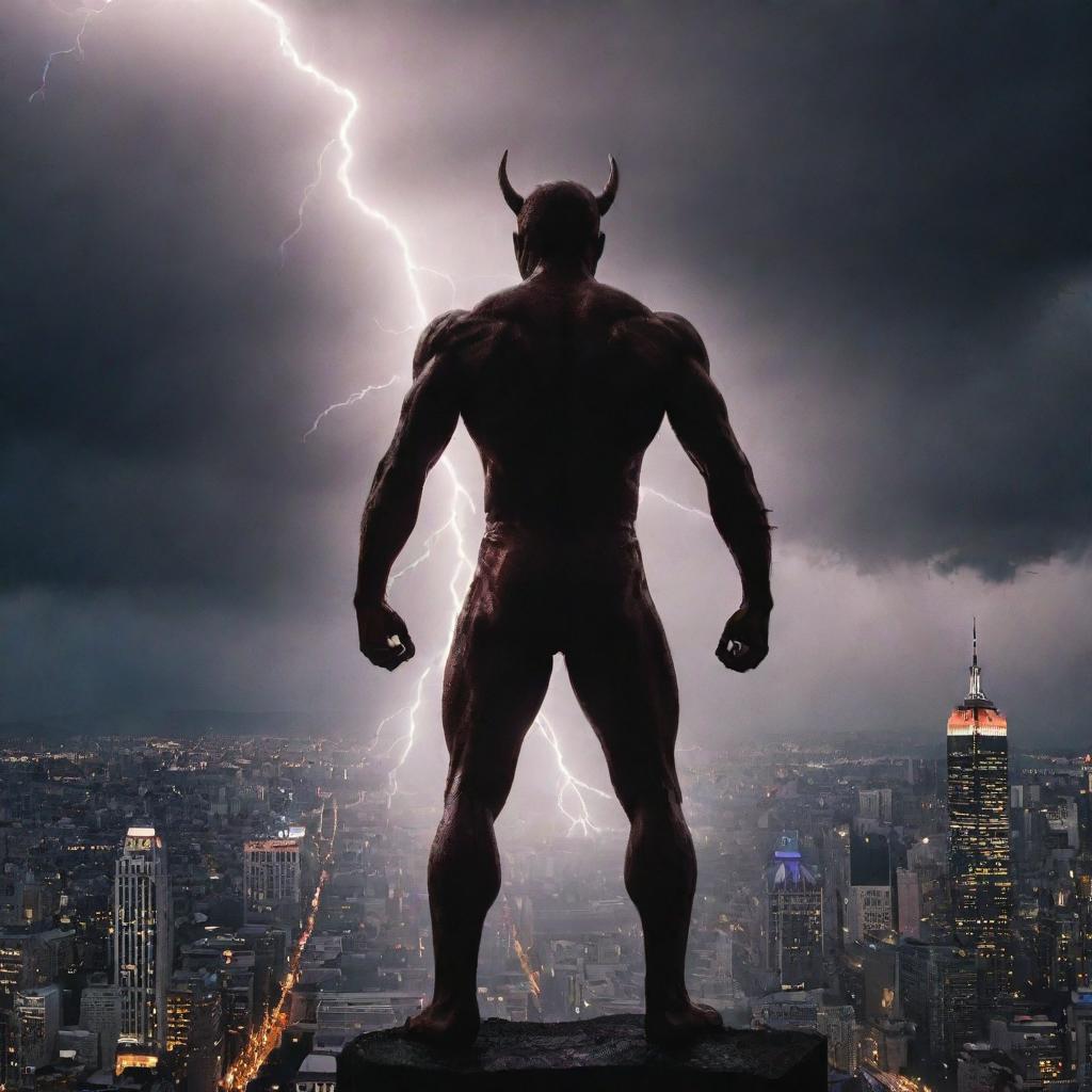 A dramatic scene where a sudden, powerful lightning bolt cuts through darkened skies above the cityscape and above the figure of the defiant devil. The light from the lightning illuminates the crowd and the devil in its stark glow.