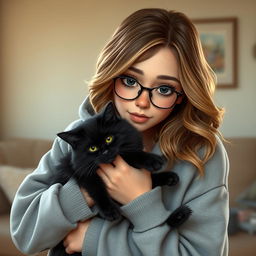 A realistic teenage girl with wavy brown and blonde hair and brown eyes, displaying a few visible acne spots, wearing a comfy gray hoodie and stylish glasses