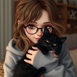 A realistic teenage girl with wavy brown and blonde hair and brown eyes, displaying a few visible acne spots, wearing a comfy gray hoodie and stylish glasses