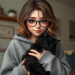A realistic teenage girl with wavy brown and blonde hair and brown eyes, displaying a few visible acne spots, wearing a comfy gray hoodie and stylish glasses
