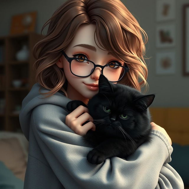 A realistic teenage girl with wavy brown and blonde hair and brown eyes, displaying a few visible acne spots, wearing a comfy gray hoodie and stylish glasses