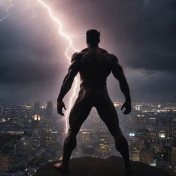 A dramatic scene where a sudden, powerful lightning bolt cuts through darkened skies above the cityscape and above the figure of the defiant devil. The light from the lightning illuminates the crowd and the devil in its stark glow.