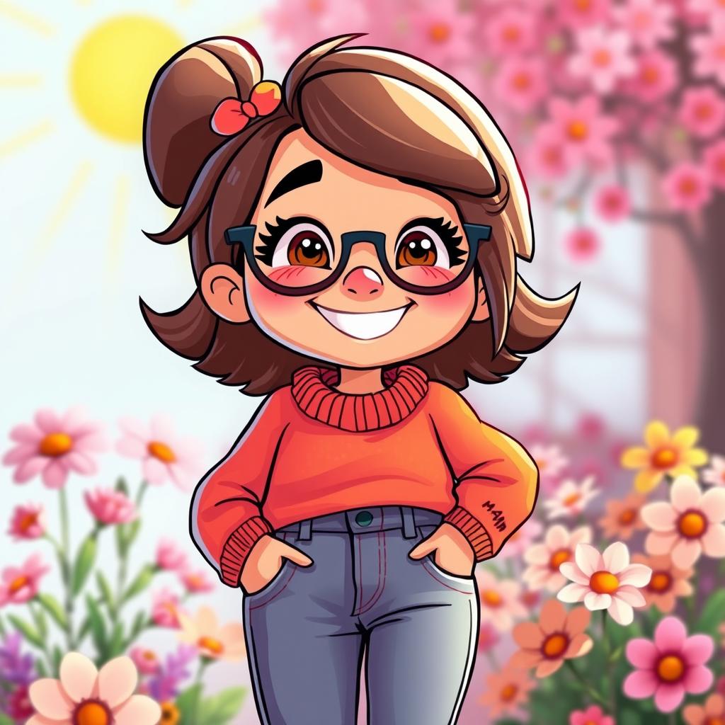 A playful and humorous depiction of a cartoon-style character representing a playful version of 'your mom', characterized by a warm smile and cheerful personality