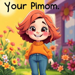 A playful and humorous depiction of a cartoon-style character representing a playful version of 'your mom', characterized by a warm smile and cheerful personality