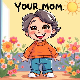 A playful and humorous depiction of a cartoon-style character representing a playful version of 'your mom', characterized by a warm smile and cheerful personality