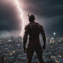 A dramatic scene where a sudden, powerful lightning bolt cuts through darkened skies above the cityscape and above the figure of the defiant devil. The light from the lightning illuminates the crowd and the devil in its stark glow.