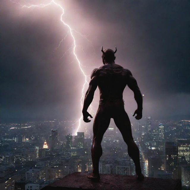 A dramatic scene where a sudden, powerful lightning bolt cuts through darkened skies above the cityscape and above the figure of the defiant devil. The light from the lightning illuminates the crowd and the devil in its stark glow.