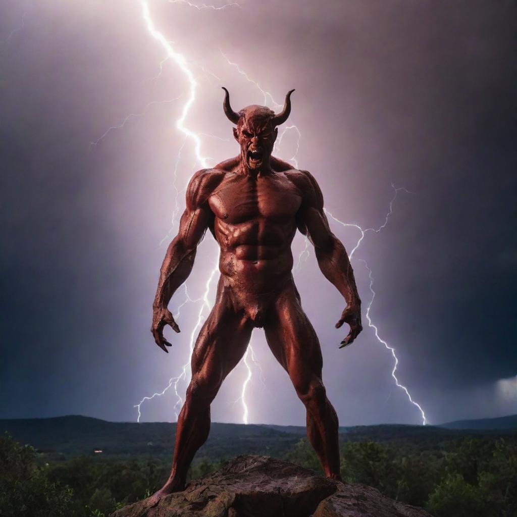 Show the mythical figure of the devil shrinking back in surprise and fear as a powerful bolt of lightning rips through the sky. His once dominant presence now dwarfed by this powerful display of nature.