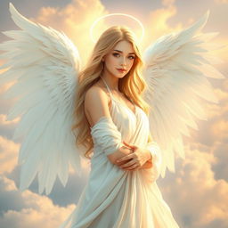 A beautiful female angel with ethereal features and soft, flowing long hair, adorned with a delicate halo