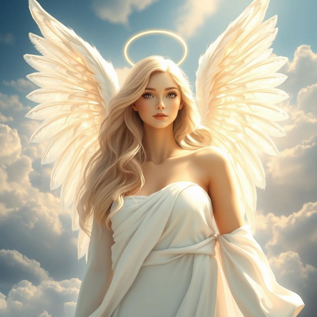 A beautiful female angel with ethereal features and soft, flowing long hair, adorned with a delicate halo