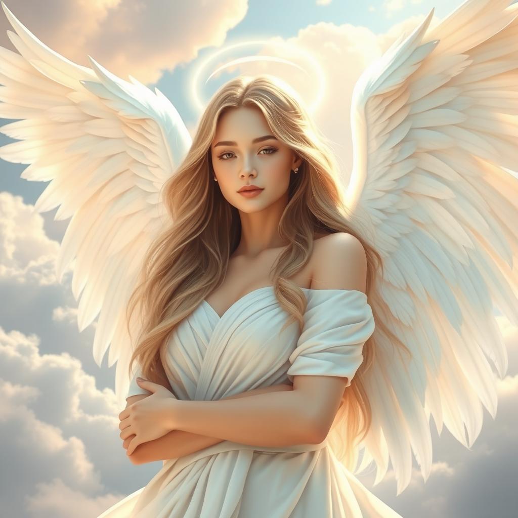 A beautiful female angel with ethereal features and soft, flowing long hair, adorned with a delicate halo