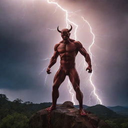 Show the mythical figure of the devil shrinking back in surprise and fear as a powerful bolt of lightning rips through the sky. His once dominant presence now dwarfed by this powerful display of nature.