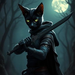 A mystical black Tabaxi female rogue, slender and agile, with shimmering fur and bright green eyes that glint with cunning intelligence