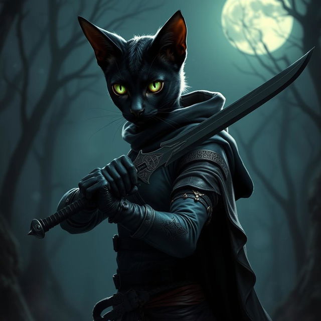 A mystical black Tabaxi female rogue, slender and agile, with shimmering fur and bright green eyes that glint with cunning intelligence