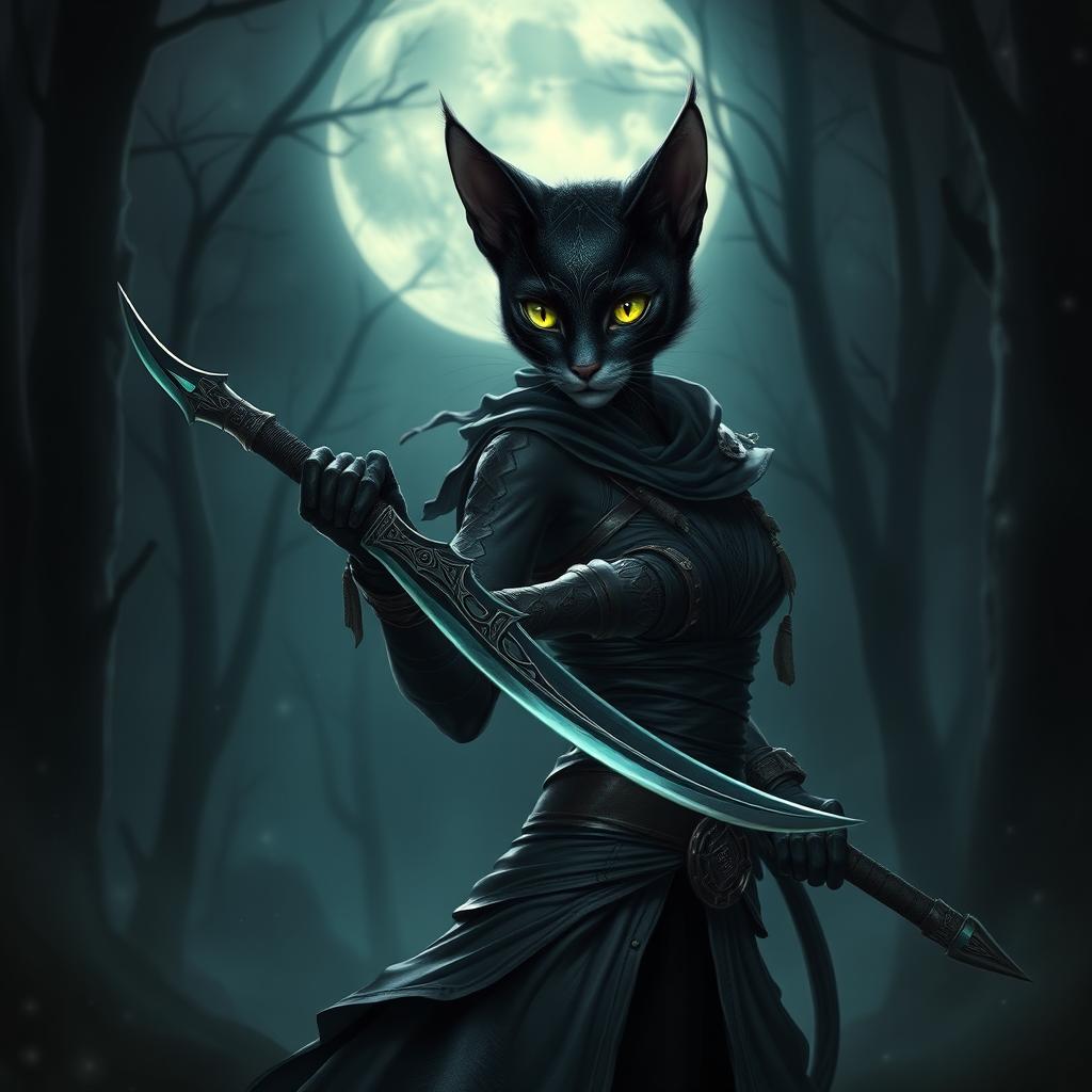 A mystical black Tabaxi female rogue, slender and agile, with shimmering fur and bright green eyes that glint with cunning intelligence