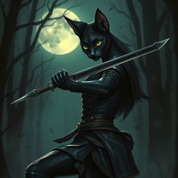 A mystical black Tabaxi female rogue, slender and agile, with shimmering fur and bright green eyes that glint with cunning intelligence