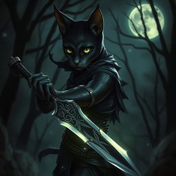 A mystical black Tabaxi female rogue, slender and agile, with shimmering fur and bright green eyes that glint with cunning intelligence