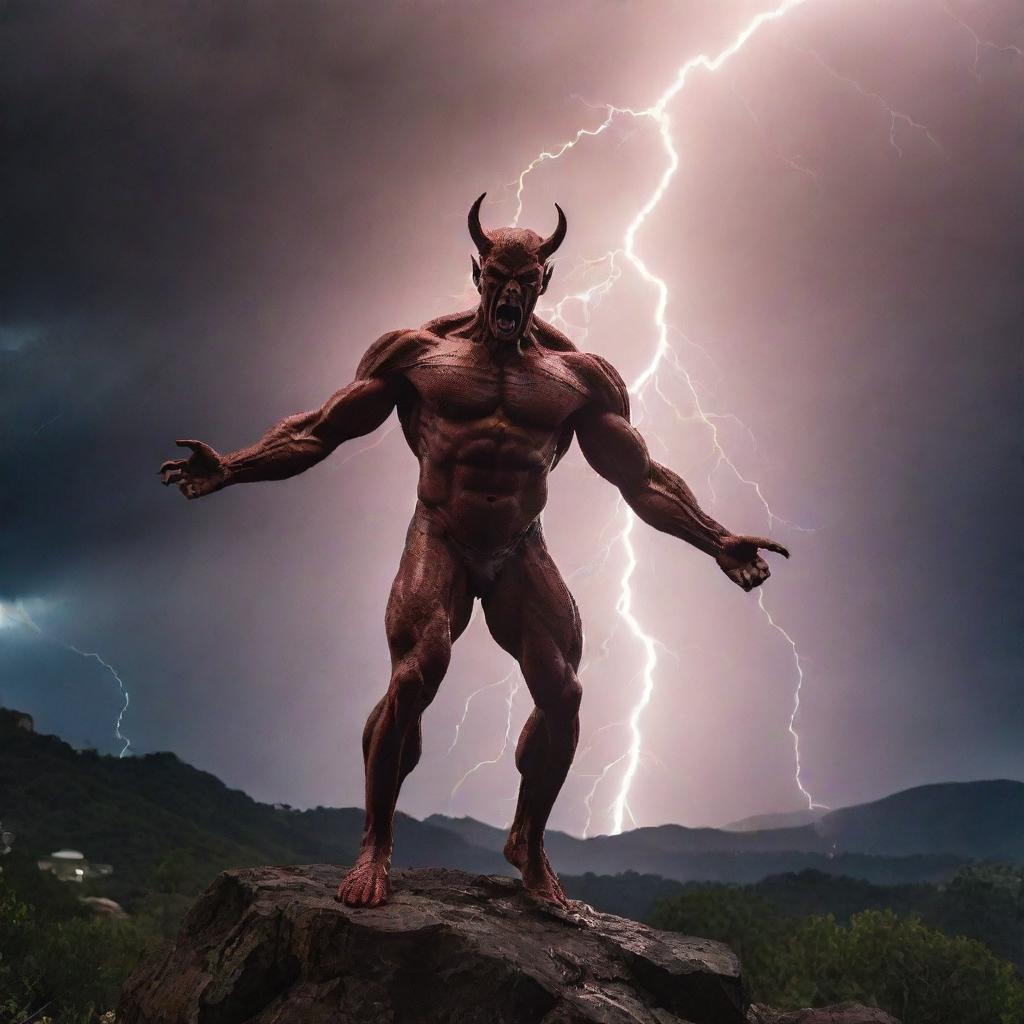 Show the mythical figure of the devil shrinking back in surprise and fear as a powerful bolt of lightning rips through the sky. His once dominant presence now dwarfed by this powerful display of nature.