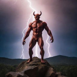 Show the mythical figure of the devil shrinking back in surprise and fear as a powerful bolt of lightning rips through the sky. His once dominant presence now dwarfed by this powerful display of nature.