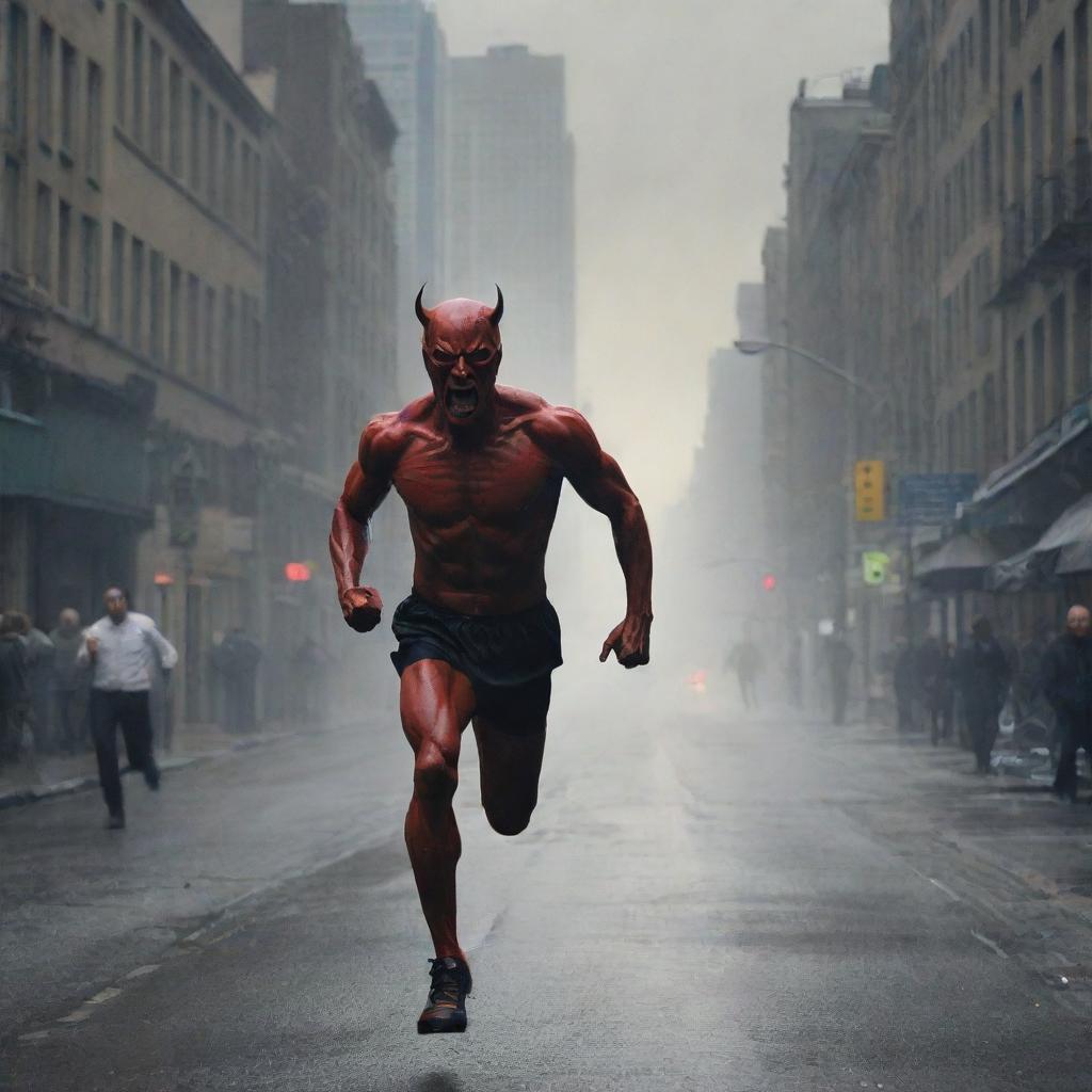 Illustrate the previously dominant devil in a state of fear, speedily running away from the scene. The backdrop includes onlookers and a cityscape, with the dynamic weather still active, emphasising the sudden shift in mood.