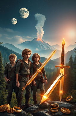 Three young adventurers, aged 17, stand in a breathtaking medieval world filled with lush forests, majestic mountains, and a distant volcano spewing gentle smoke