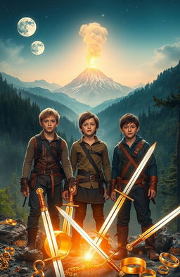 Three young adventurers, aged 17, stand in a breathtaking medieval world filled with lush forests, majestic mountains, and a distant volcano spewing gentle smoke