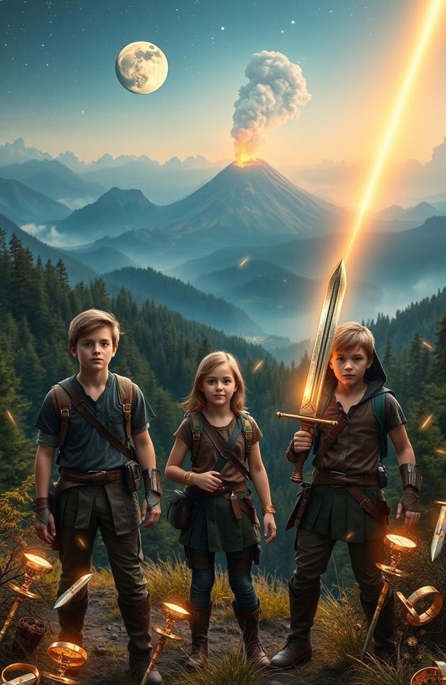 Three young adventurers, aged 17, stand in a breathtaking medieval world filled with lush forests, majestic mountains, and a distant volcano spewing gentle smoke