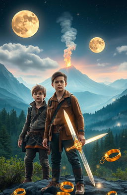 Three young adventurers, aged 17, stand in a breathtaking medieval world filled with lush forests, majestic mountains, and a distant volcano spewing gentle smoke